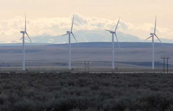 Windmills in Idaho with Jarbidge Mountains